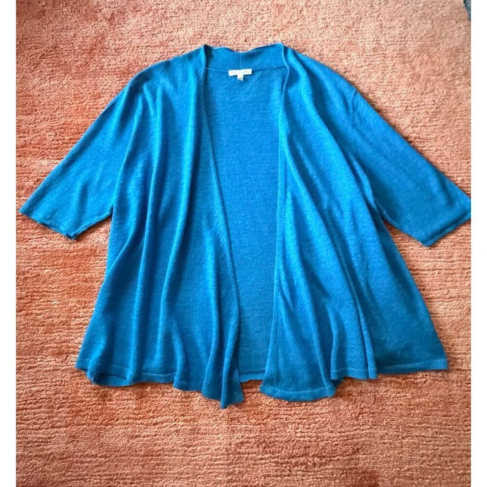 Eileen Fisher Linen Open Front Cardigan Blue Lightweight Women XL